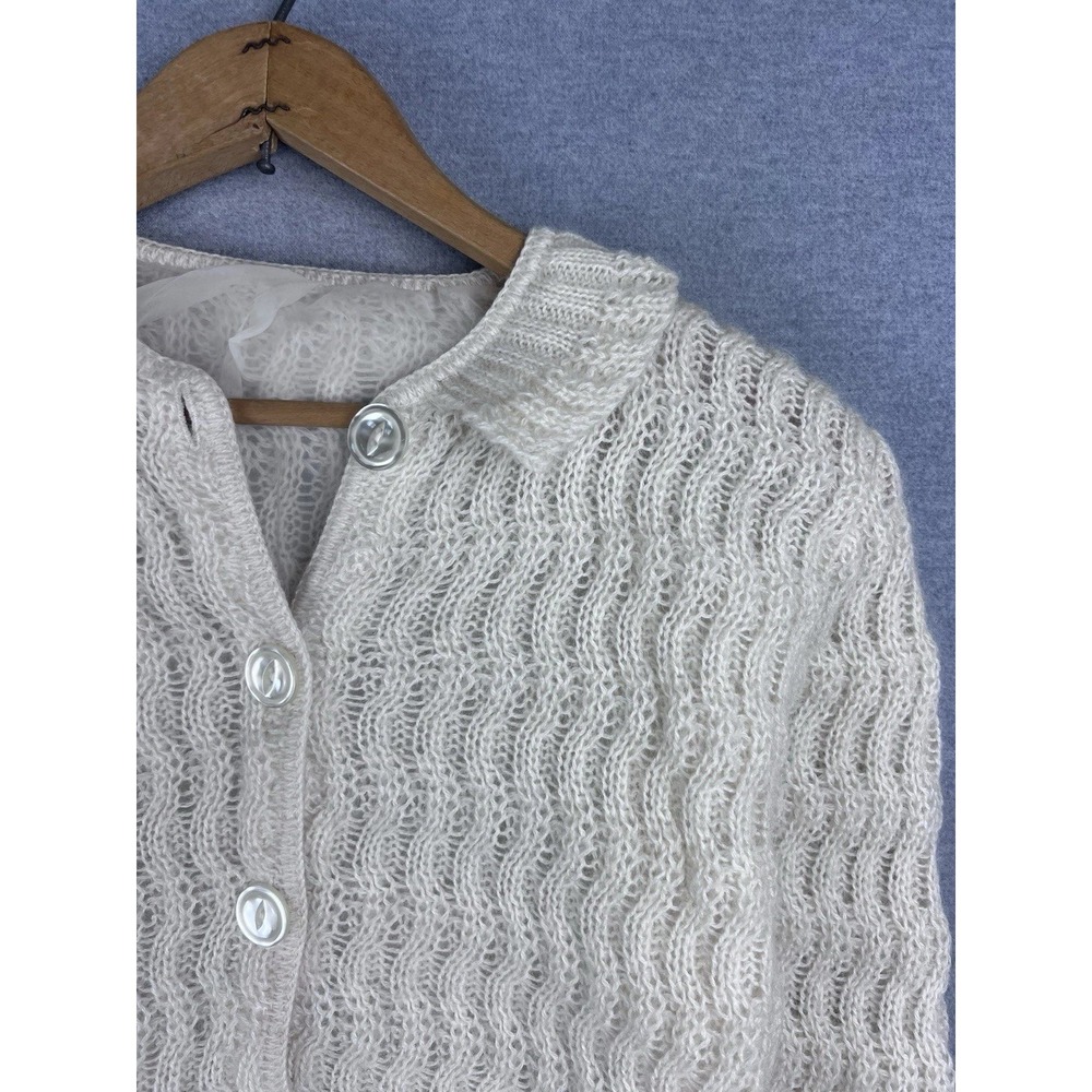 Vintage Antique Pointelle Knit Cardigan Sweater Cream Peter Pan Collar Button Up